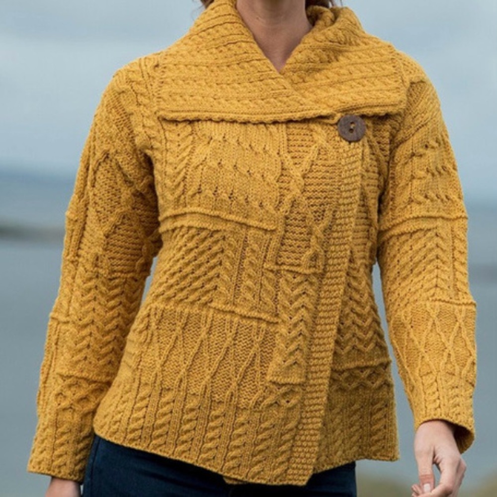 Yellow Cable Knit Cardigan with Asymmetrical Collar
